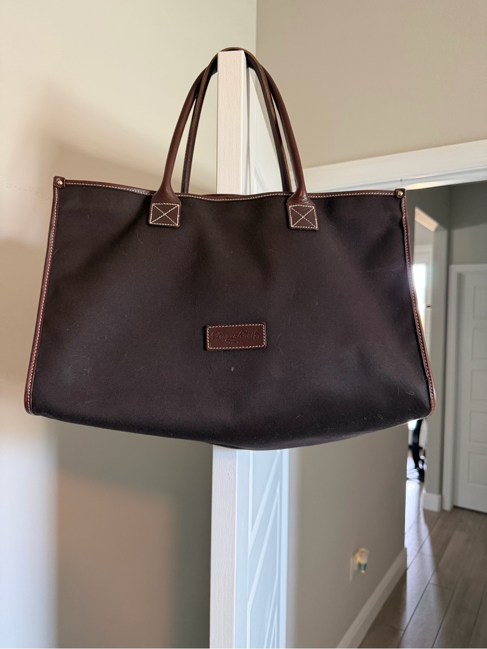 Dooney & Bourke Dark Brown Canvas Tote with Leather Trim